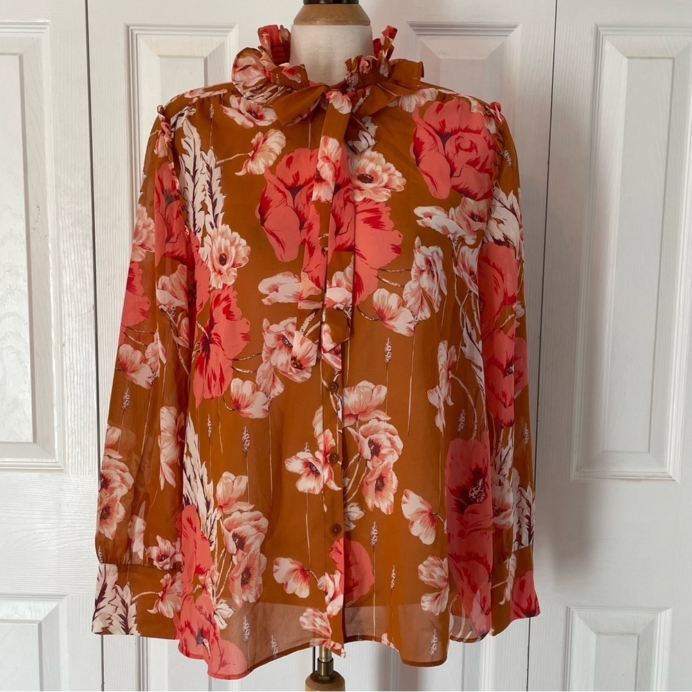 Anne Taylor shear high collar long sleeve button front blouse size large.